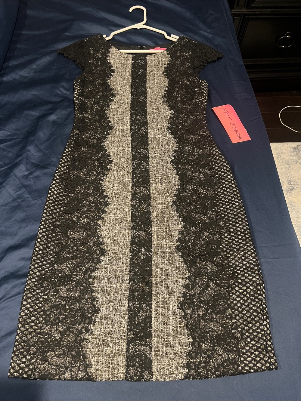 Betsey Johnson Black and White Lace-Panel Midi Dress